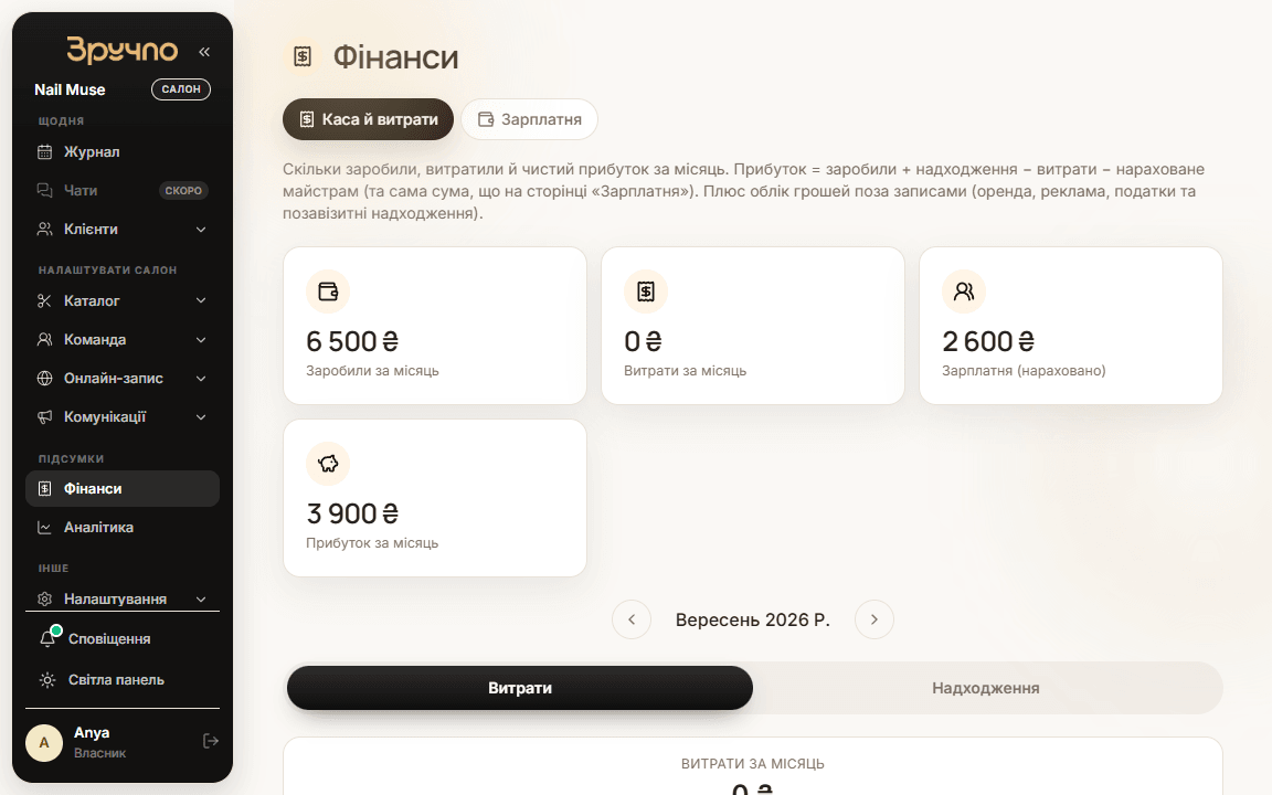 Фінанси в кабінеті Зручно: закриті візити за день зі способами оплати і каса дня