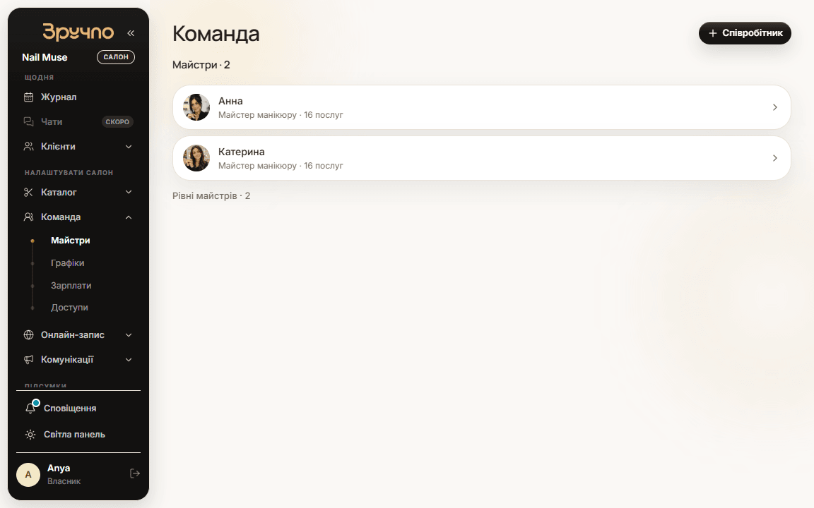 Розділ «Команда» в кабінеті Зручно: майстри салону, у меню графіки, зарплати й доступи